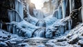 Frozen waterfall cascading down rocky cliff with icicles and snow at sunrise Royalty Free Stock Photo