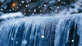 Frozen Waterfall Close-Up with Snow Falling in the Background Royalty Free Stock Photo