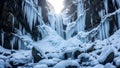 Frozen waterfall cascading down dark rocky cliff with icicles and snow covered boulders in winter Royalty Free Stock Photo