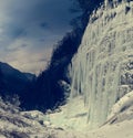 Frozen waterfall at night.