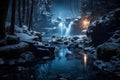 Frozen Waterfalls at Night - Generative AI Royalty Free Stock Photo