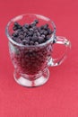 Frozen Wild Blueberries Thawing in a Glass Mug Close-up on Red