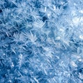 Frozen Window with Blue Tint and Intricate Ice Crystal Patterns Close Royalty Free Stock Photo