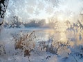 Frozen Window View of a Winter River and Trees Royalty Free Stock Photo