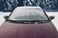 Frozen winter car covered snow, view front window windshield Royalty Free Stock Photo