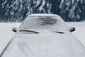 Frozen winter car covered snow, view front window windshield Royalty Free Stock Photo