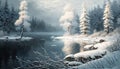 Frozen winter forest lake with snow covered trees. 3d render