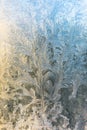 Frozen winter window with shiny ice frost pattern texture. Christmas wonder symbol, abstract background. Extreme north