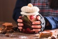 Frozen woman warm her hands with hot tea Royalty Free Stock Photo