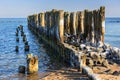 Frozen wooden breakwaters line at Baltic Sea