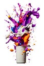 frozen yogurt, sundae, vanilla ice cream with fruit topping, appetizing sweet dessert, fruity colorful syrup splashes, isolated