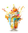 frozen yogurt, sundae, vanilla ice cream with fruit topping, appetizing sweet dessert, fruity colorful syrup splashes, isolated