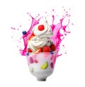 frozen yogurt, sundae, vanilla ice cream with fruit topping, berries and fruits, appetizing sweet dessert, fruity colorful syrup