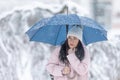 A frozen young woman shakes from winter under an umbrella during strong winds and snowfall Royalty Free Stock Photo