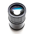 Front view of a soviet era mirror tele lens. Macro studio shot on white background Royalty Free Stock Photo