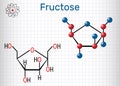 Fructose, aalpha-D-fructofuranose molecule. Cyclic form. Structural chemical formula and molecule model. Sheet of paper in a cage Royalty Free Stock Photo