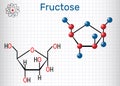 Fructose, aalpha-D-fructofuranose molecule. Cyclic form. Structural chemical formula and molecule model. Sheet of paper in a cage