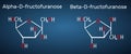 Fructose, alpha-D-fructofuranose, beta-D-fructofuranose molecule. Cyclic form. Structural chemical formula on the dark blue