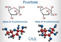 Fructose, alpha-D-fructofuranose, beta-D-fructofuranose molecule. Cyclic form. Structural chemical formula and molecule model