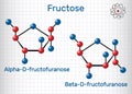 Fructose, alpha-D-fructofuranose, beta-D-fructofuranose molecule. Cyclic form. Structural chemical formula and molecule model.