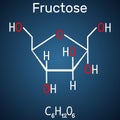 Fructose, alpha-D-fructofuranose molecule. Cyclic form. Structural chemical formula on the dark blue background