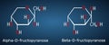 Fructose, alpha-D-fructopyranose, beta-D-fructopyranose molecule. Cyclic form. Structural chemical formula on the dark blue