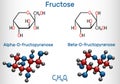 Fructose, alpha-D-fructopyranose, beta-D-fructopyranose molecule. Cyclic form. Structural chemical formula and molecule model