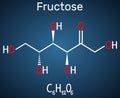 Fructose, D-fructose molecule. Linear form. Structural chemical formula on the dark blue background