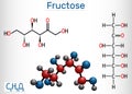 Fructose, D-fructose molecule. Linear form. Structural chemical formula and molecule model