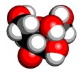 Fructose D-fructose fruit sugar molecule. Component of high-fructose corn syrup HFCS. 3D rendering. Atoms are represented as.
