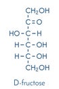 Fructose D-fructose fruit sugar molecule. Component of high-fructose corn syrup HFCS. Skeletal formula.
