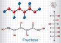 Fructose, D-fructose molecule. Linear form. Structural chemical formula and molecule model. Sheet of paper in a cage