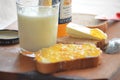 Glass of fresh milk , butter and apricot jam.