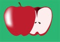 Apple is red, inside white, full and half fruit. Green background Royalty Free Stock Photo