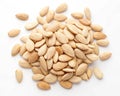 Image of a pile of almonds, healthy food, grains, on a white background. Royalty Free Stock Photo