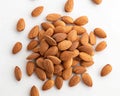 Image of a pile of almonds, healthy food, grains, on a white background. Royalty Free Stock Photo
