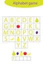 Fruit alphabet game for children, make a word, preschool worksheet activity for kids, educational spelling scramble game