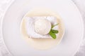 Fruit apple strudel cake served with ice cream, mint leaf and vanilla sauce. Classical austrian dessert on white plate