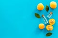 Fruit aroma oil. Apricot kernel oil on blue background top view frame copy space Royalty Free Stock Photo