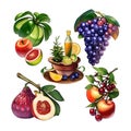 The fruit art image is composed of a variety of brightly-colored fruit. They are arranged in a circular pattern.