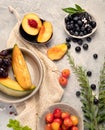 Fruit assortment served on light gray table Royalty Free Stock Photo