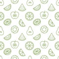 Fruit background, abstract food seamless pattern. Fresh fruits wallpaper with apple, banana, watermelon, lemon line Royalty Free Stock Photo