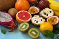 Fruit background. Assorted ripe juicy Exotic asia summer seasonal fruits. Royalty Free Stock Photo