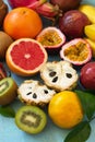 Fruit background. Assorted ripe juicy Exotic asia summer seasonal fruits. Royalty Free Stock Photo