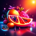 Fruit background. Vector illustration of juicy slices of orange, grapefruit, lemon, grapefruit on a dark background. Generative AI