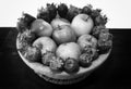 Fruit basket. Black and white photo