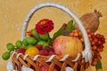 Fruit basket,fresh fruits in basket, assorted fruits in basket close up