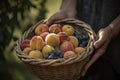 A fruit basket with fresh peaches and grapes in the hands of a farmer. Generative AI Royalty Free Stock Photo