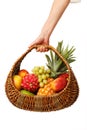 Fruit basket in hand.