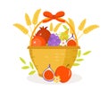 Fruit Basket icon, flat, cartoon style. Jewish holiday Shavuot, food concept. Pomegranate, grapes, wheat, olives